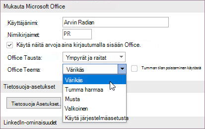 Office-teeman asetukset