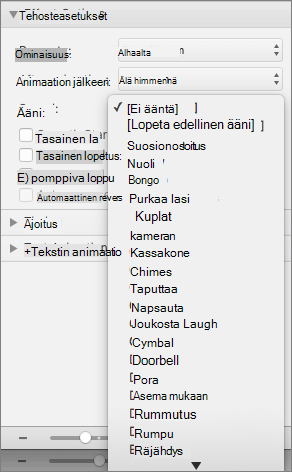 Näyttökuvassa näkyy Animaatiot-ruudun Tehosteasetukset-osa Ääni-valikko laajennettuna.