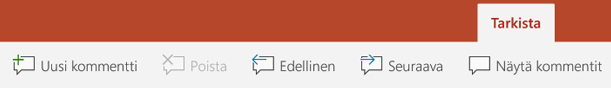 Android-tableteissa on kommenttien painikkeita PowerPointin valintanauhan Tarkista-välilehdellä.