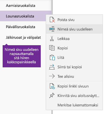 Näyttökuva sivun uudelleennimeämisestä OneNotessa