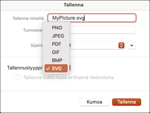 Tallenna nimellä -valintaikkuna PowerPoint 2021 for Macissa, SVG-vaihtoehto valittuna