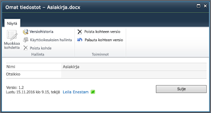 SharePoint 2010:n versiohistoriavalintaikkuna