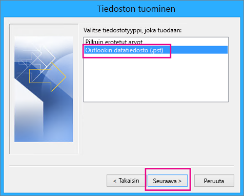 Outlookin datatiedoston (.pst) tuomisen valitseminen