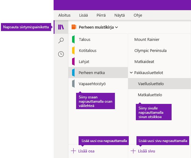 Osat ja sivut OneNote for Windows 10:ssä