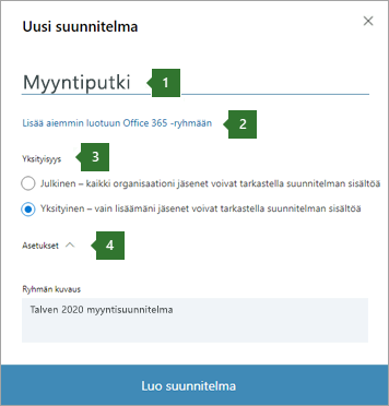 Näyttökuva Plannerin Uusi suunnitelma -valintaikkunasta, jossa näkyy selitteet 1 nimelle, joka on kirjoitettu "Myyntiputki", 2 vaihtoehto "Lisää olemassa olevaan Office 365 ryhmään", 3 tietosuoja-asetusta ja 4 asetukset avattavasta valikosta.