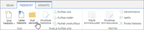 Kuva SharePointin Tiedostot-valintanauhasta, jossa näkyy korostettuna Uusi kansio.