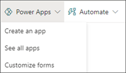 Kuva Power Apps -valikosta, jossa Luo sovellus on valittuna