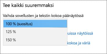 Windowsin Näyttöasetukset-sivu Aputoimintojen asetukset -kohdassa, jossa näkyy Suurenna kaikki -vaihtoehto avattavan valikon ollessa laajennettuna.