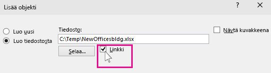 Linkin valitseminen tiedoston lisäämiseksi PowerPointiin