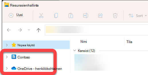 Resurssienhallinta vasemmassa reunassa olevassa siirtymisruudussa on ylimmän tason kansioita synkronoidulle SharePoint-kirjastolle ja synkronoidulle OneDrivelle.