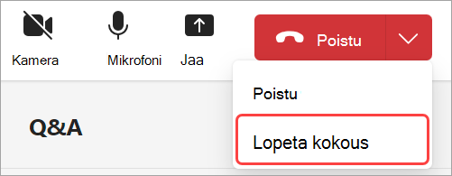 Näyttökuva käyttöliittymästä, joka näyttää, miten avoimesta kokoontumisesta poistutaan tai miten se lopetetaan