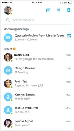 Skype for Business for iOS:n aloitus näyttö