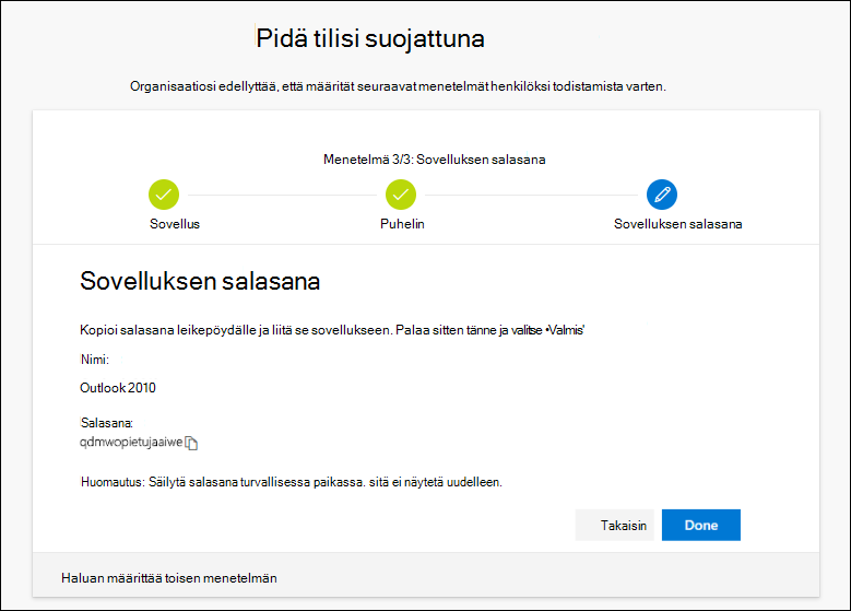 Sovellussalasanasivu, jossa on kopioita varten salasana