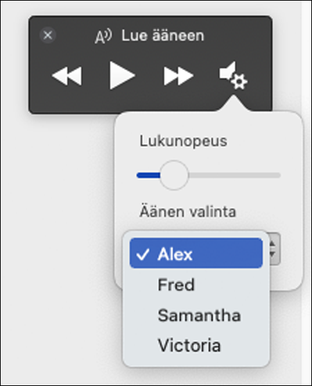 Neljä äänivalinnan vaihtoehtoa Syventävän lukuohjelman Lue ääneen -ominaisuudelle