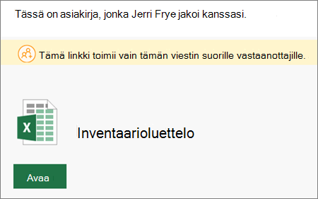 Esimerkki jaetun SharePoint-tiedoston sähköpostin notiifcation-toiminnosta