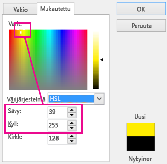 Värit-suorakulmion valinta määrittää värin kirkkauden ja kylläisyyden