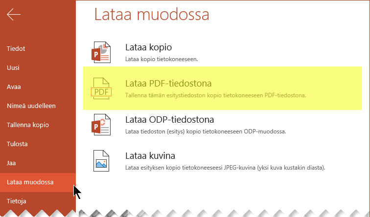 Valitse Tiedosto > Lataa muodossa > Lataa PDF-muodossa