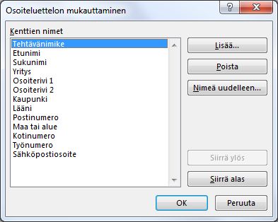 Mukauta osoiteluettelo -valintaikkuna