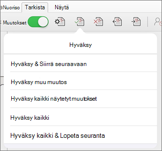 Hyväksy muutokset -valikko