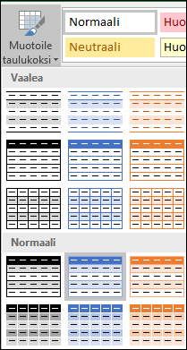 Excelin Tyylivalikoima-vaihtoehdot Muotoile taulukoksi -asetusta varten