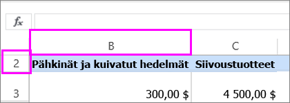 Ensimmäinen sarake ja rivi on piilotettu