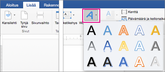 Lisää-välilehti, jossa näkyy korostettuna WordArt-vaihtoehto.