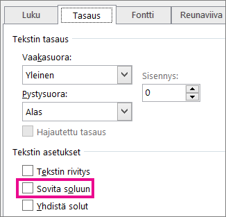 Sovita soluun Muotoile solut -valintaikkunan Tasaus-välilehdessä