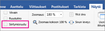 Siirtymisruutu on valittuna Näytä-välilehdessä