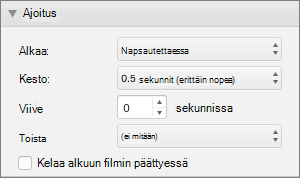 Näyttökuvassa näkyvät Animaatiot-ruudun Ajoitus-osa ja sen Aloita-, Kesto-, Viive- ja Toista-valinnat sekä Siirry taaksepäin, kun toisto on valmis -valintaruutu.