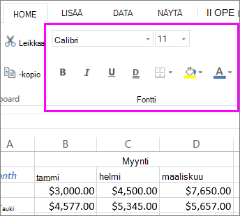 Valintanauhan fonttiasetuspainikkeet