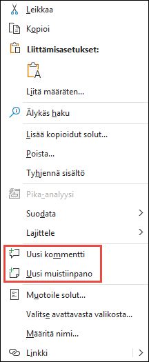 Kuva Excelin hiiren kakkospainikkeella avautuvasta pikavalikosta