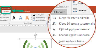 Kiertokomennot ovat käytettävissä työkalurivin valintanauhan Piirtotyökalujen Muotoile-välilehdessä. Valitse kierrettävä objekti ja napsauta sitten valintanauhaa.