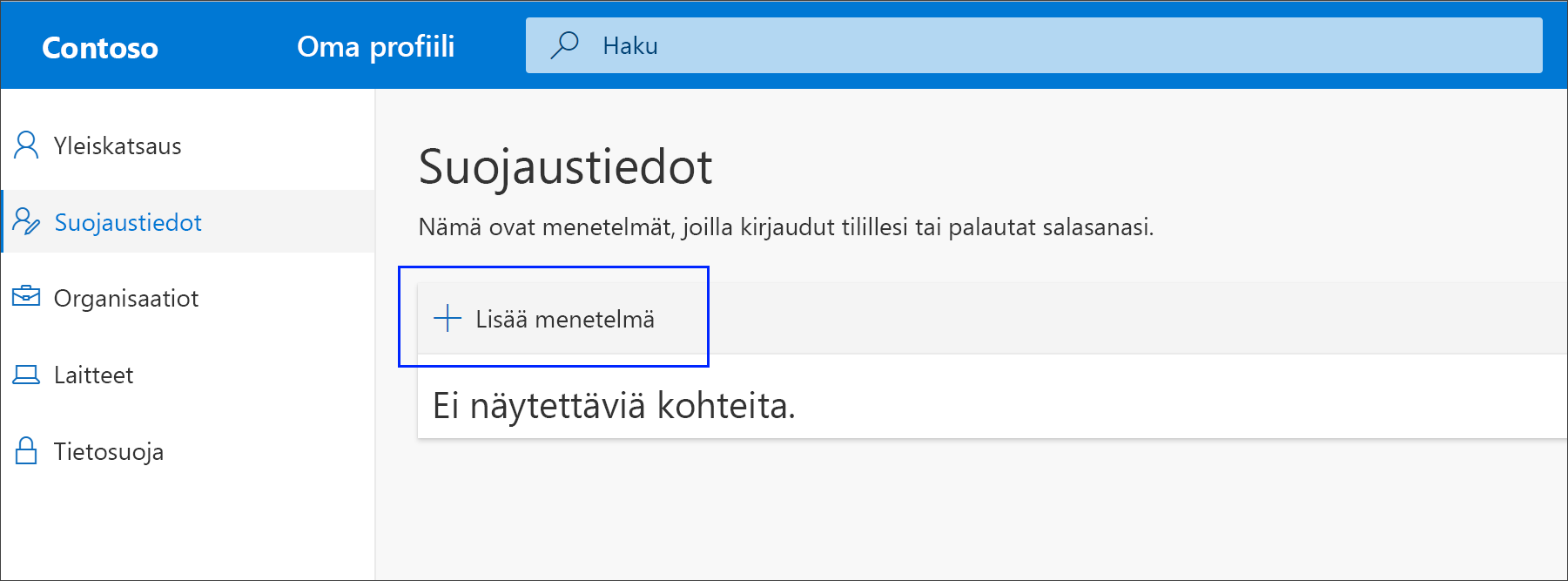 Suojaustiedot-sivu, jossa on korostettu Lisää menetelmä -vaihtoehto