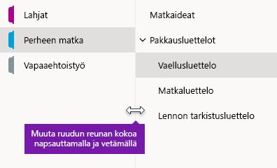 Siirtymisruutujen koon muuttaminen OneNote for Windows 10:ssä