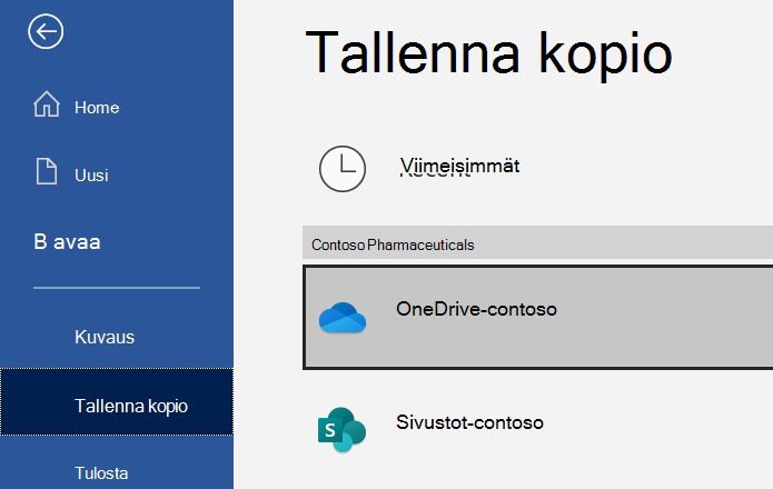Näyttökuva Word Tallenna kopio -vaihtoehdosta