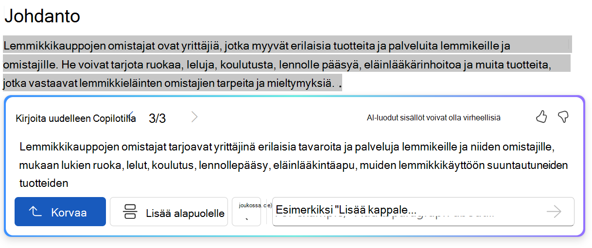 Näytä Wordin Copilotin Vuorovaikutteinen uudelleenkirjoitus -kehotteen näyttö.