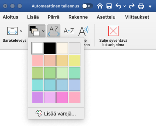 Sivun väri -asetukset Word for Macin Syventävässä lukuohjelmassa