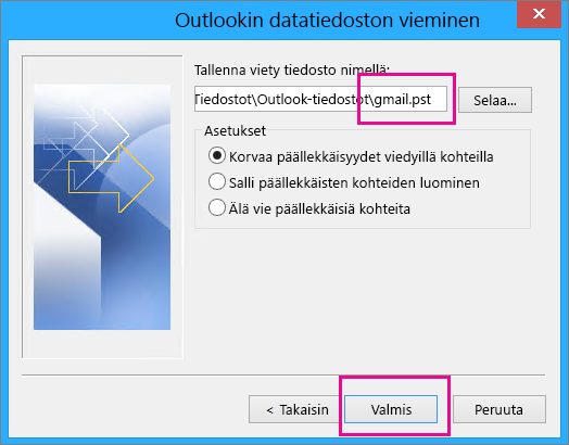 Selaa sijaintiin, johon haluat luoda .pst-tiedoston tallennettavia Gmail-viestejä varten, ja kirjoita .pst-tiedoston nimi.