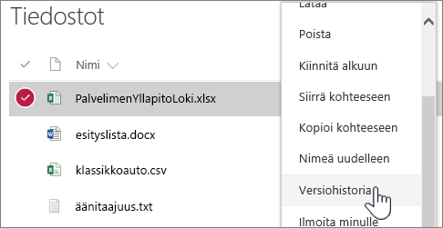 Tiedostokirjaston hiiren kakkospainikevalikko, jossa versiohistoria näkyy korostettuna.