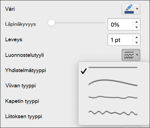 Viivan muotoiluasetukset Mac-tietokoneessa, valittuna luonnostelutyyli