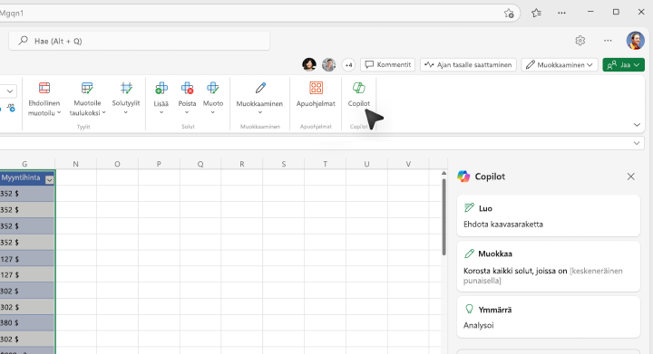 Näyttökuva Copilot-painikkeen valitsemisesta Excelin valintanauhassa.