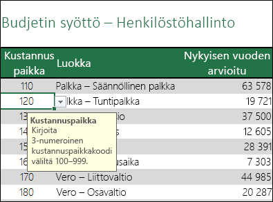 Viestin kirjoittaminen tulee näkyviin, kun käyttäjä valitsee solun.