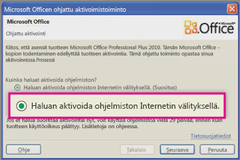 Ohjelmiston aktivoiminen Internetin välityksellä