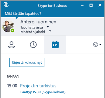 Näyttökuva Skype for Business -ikkunan Kokoukset-välilehdestä.