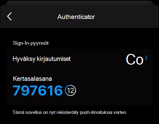 Outlook Mobilen Todentaja-välilehdessä näkyvä kertakäyttöinen tunnuskoodi