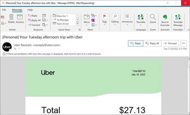 Näyttökuva Outlook lakkaa tarkastelemasta Uber-kuittisähköpostiviestiä