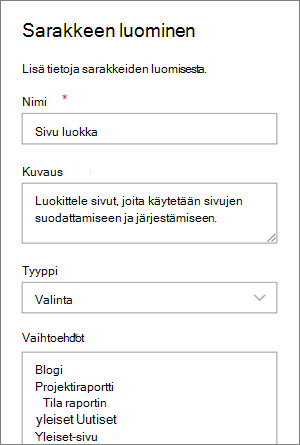 Esimerkki blogien luokkavalintasarakkeen määrittämisestä