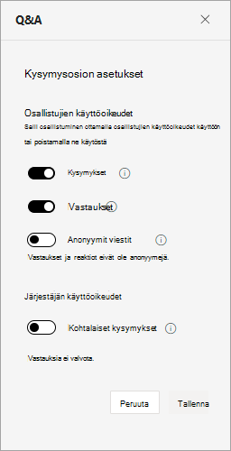 Näyttökuva, jossa näkyy Q&A-asetukset avoimen kokoontumisen aikana
