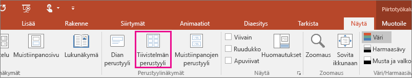 Näyttää Näytä tiivistelmän perustyyli -kohdan PowerPointissa