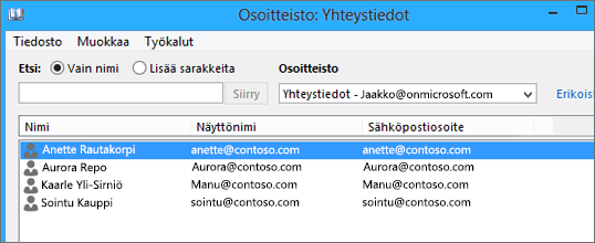 Kun yhteystiedot on tuotu Google Gmailista Office 365:een, näet ne Osoitteiston yhteystiedoissa